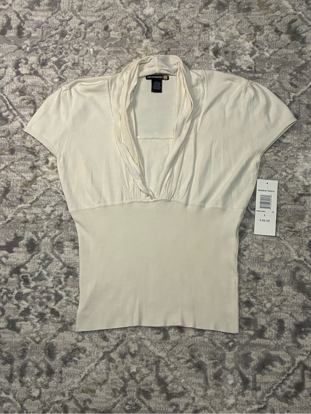Sweaterworks Cream V-Neck Short Sleeve Draped Knit Top